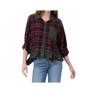 NEW PINE APPAREL plaid mixed media ruffle hem top in multi